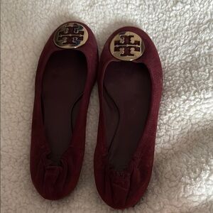Tory Burch Red Flats with Classic Silhouette and Gold Emblem
